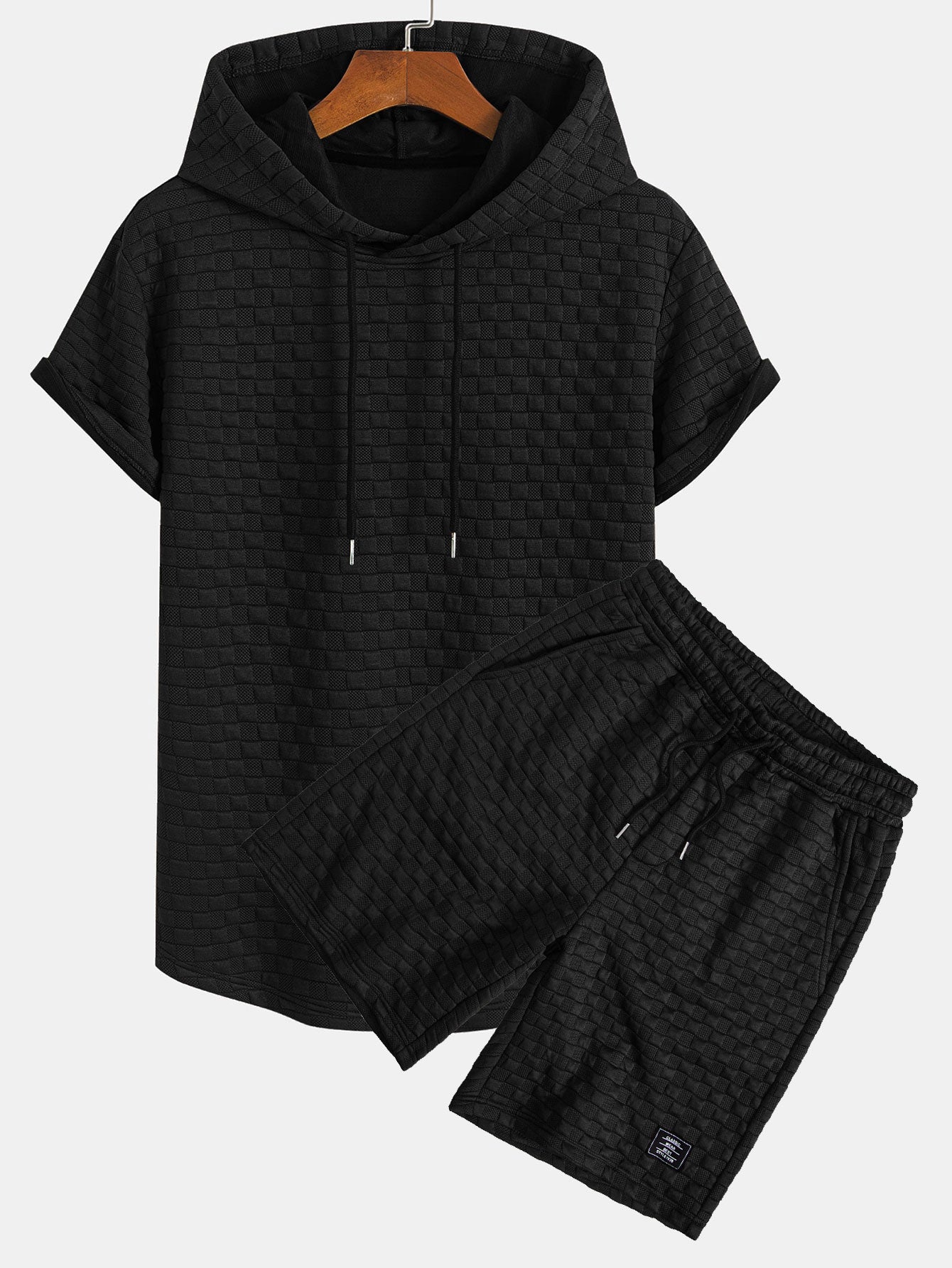 Javier® | Checkerboard Jacquard Arc Hem Hooded T-Shirt & Checkerboard Jacquard Shorts