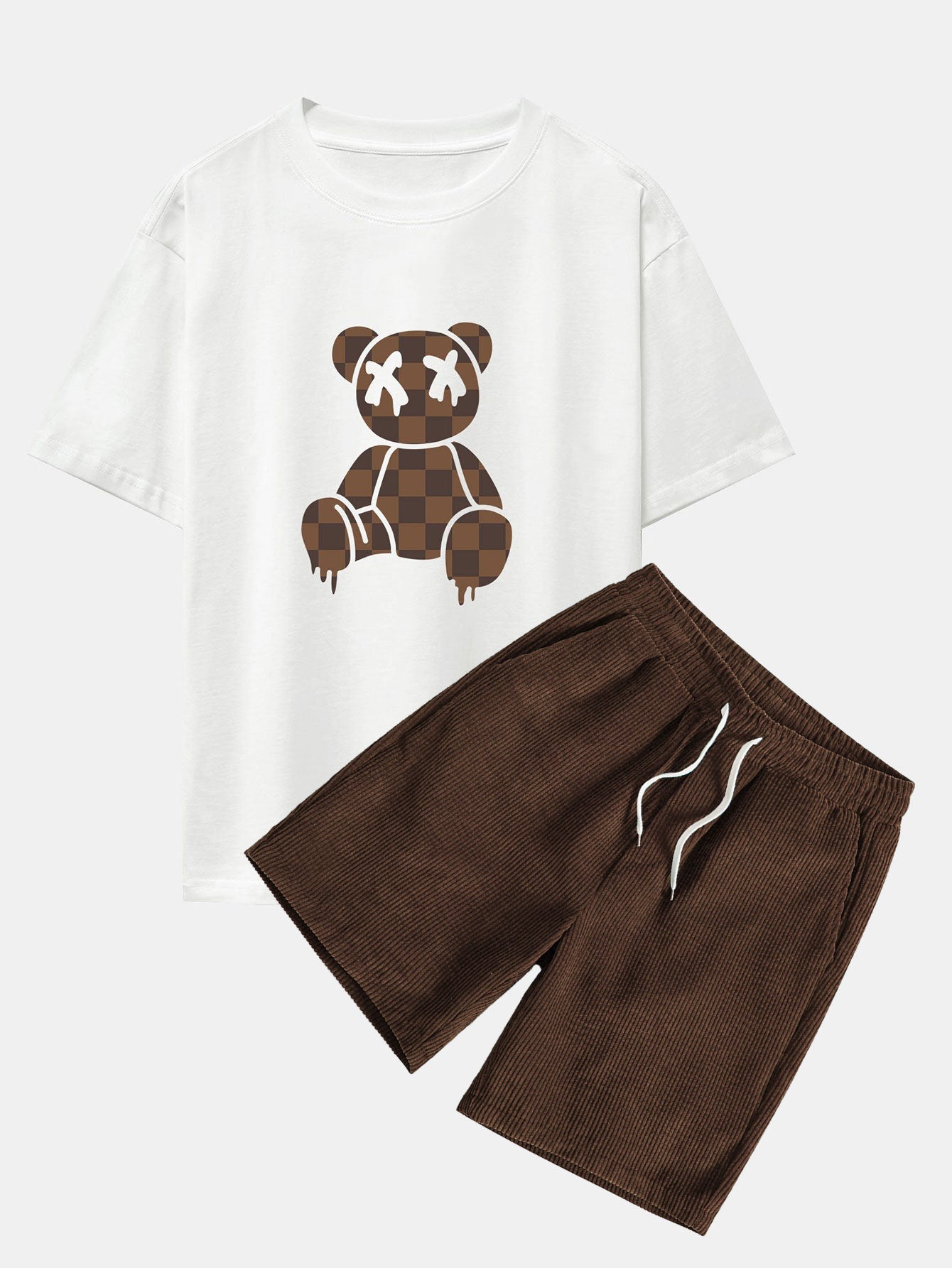 Jake® | Checkerboard Dissolving Bear Drop Shoulder Oversize T-Shirt & Corduroy Shorts