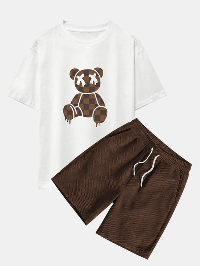 Jake® | Checkerboard Dissolving Bear Drop Shoulder Oversize T-Shirt & Corduroy Shorts