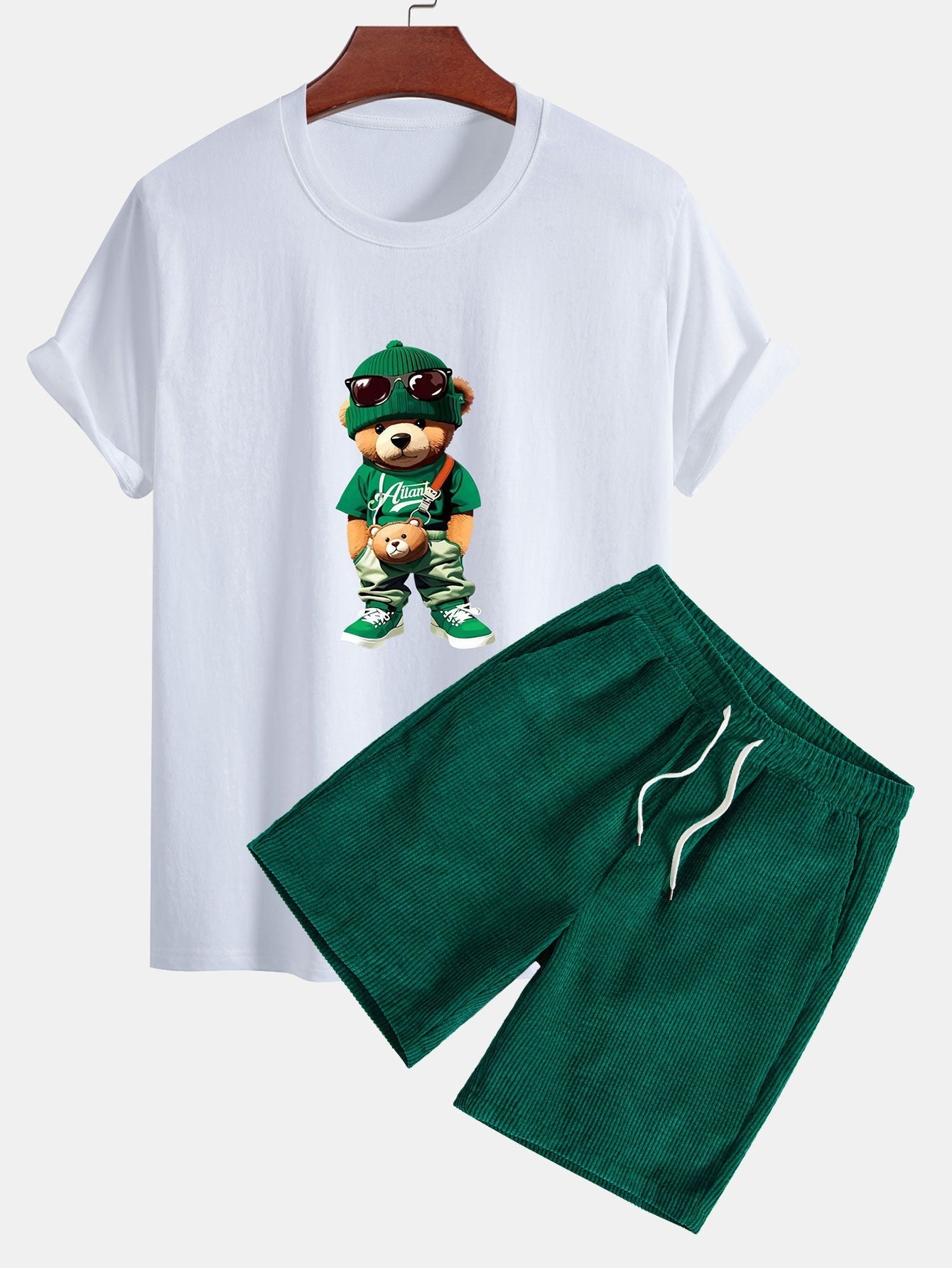 Buenaventura® | Trendy Bear Print Cotton T-Shirt & Drawstring Corduroy Shorts