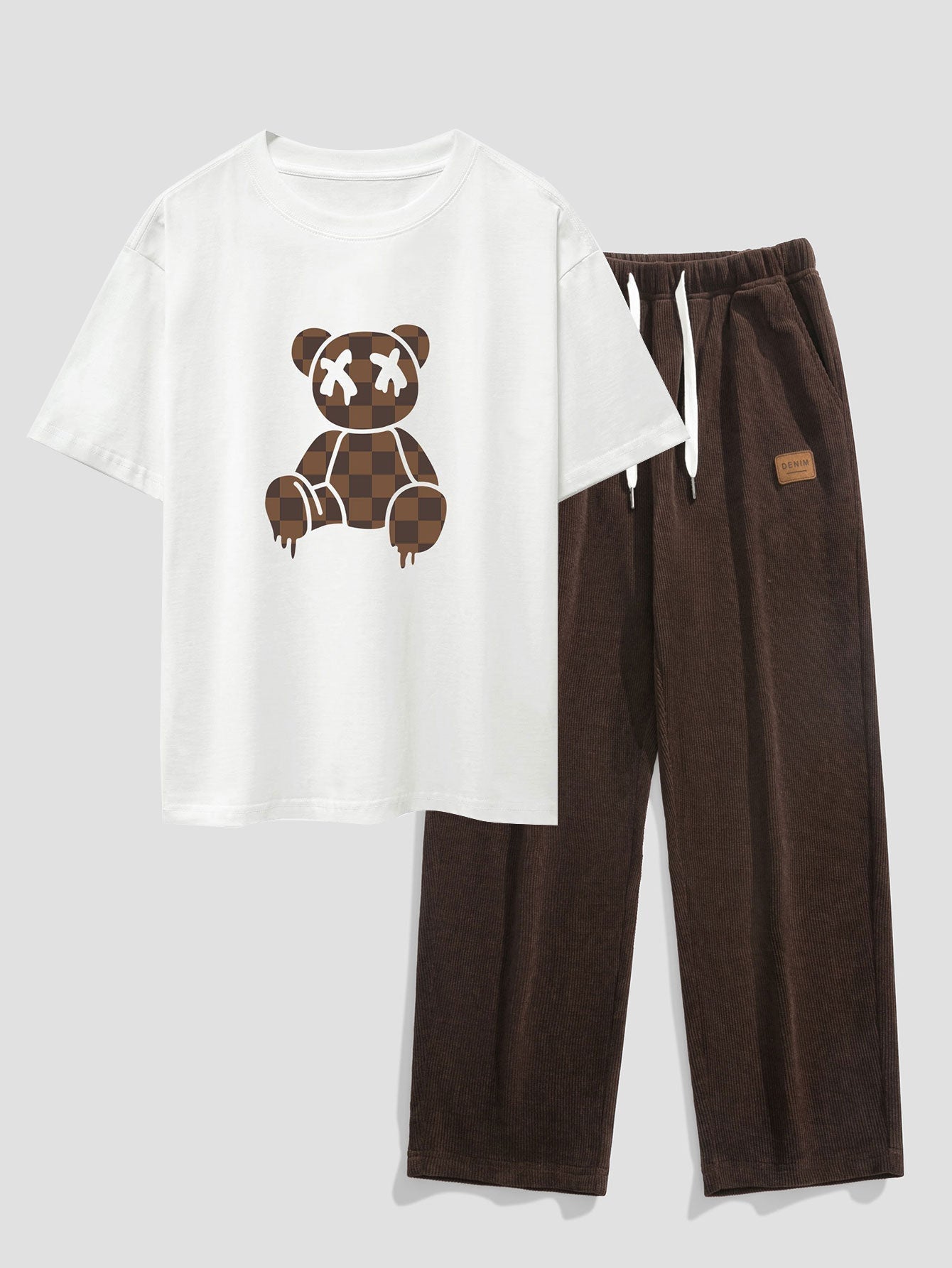 Nestor® | Checkerboard Dissolving Bear Drop Shoulder Oversize T-Shirt & Straight Leg Corduroy Pants