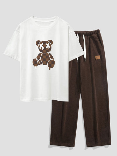 Nestor® | Checkerboard Dissolving Bear Drop Shoulder Oversize T-Shirt & Straight Leg Corduroy Pants