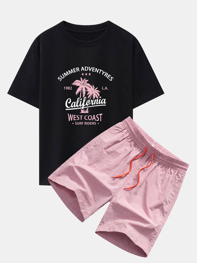 Harry® | California Palm Tree Print Drop Shoulder Oversize T-Shirt & Man Mid Length Drawstring Swim Shorts