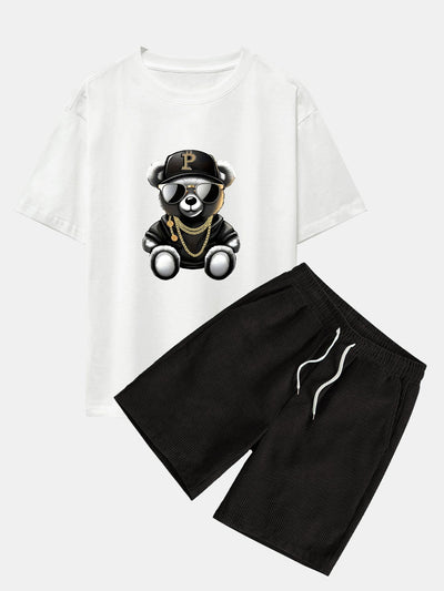 Erasmo® | Hip Hop Bear Print Drop Shoulder Oversize T-Shirt & Drawstring Corduroy Shorts