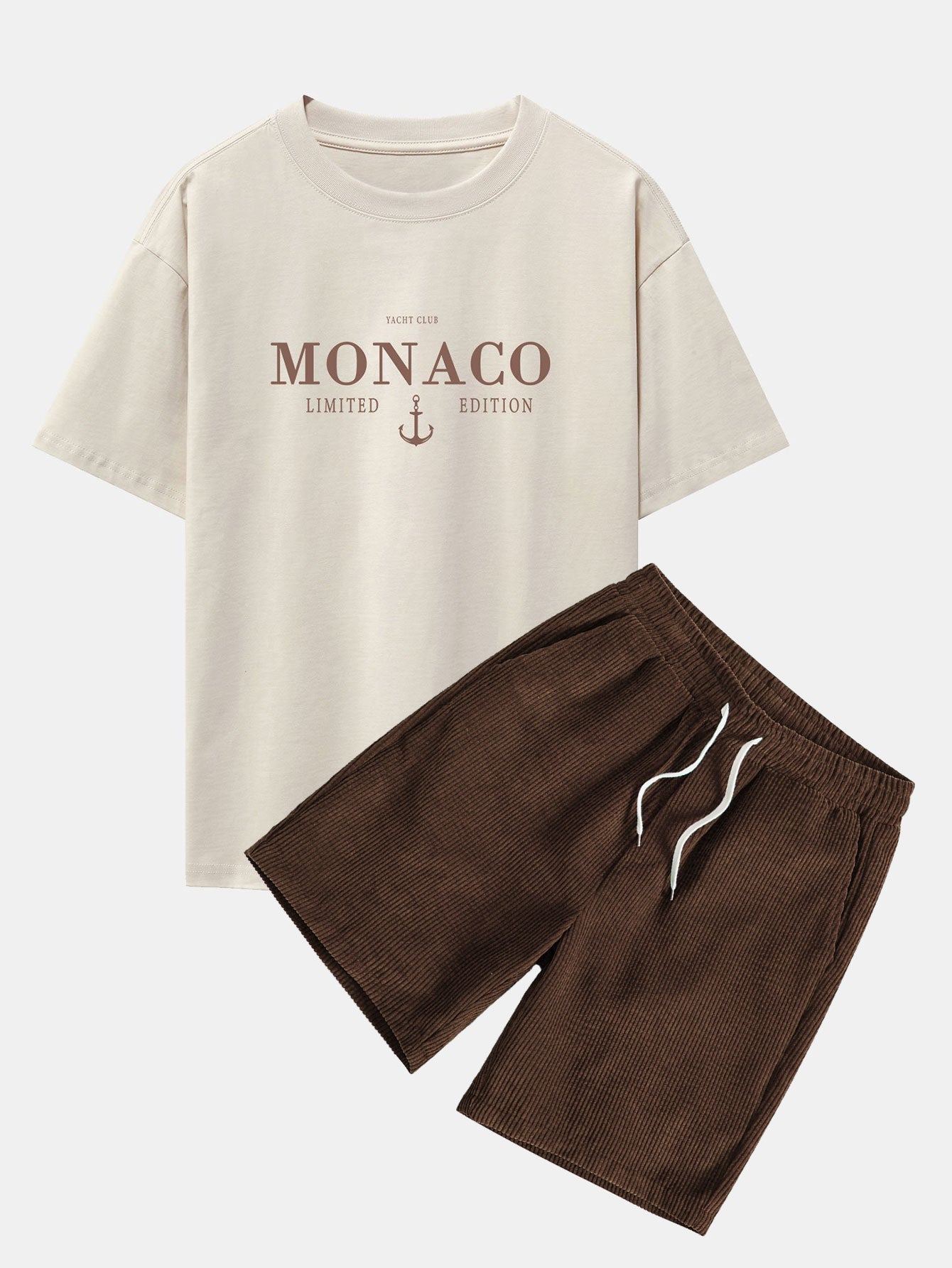 Cosme® | Monaco Slogan Print Drop Shoulder Oversize T-Shirt & Drawstring Corduroy Shorts