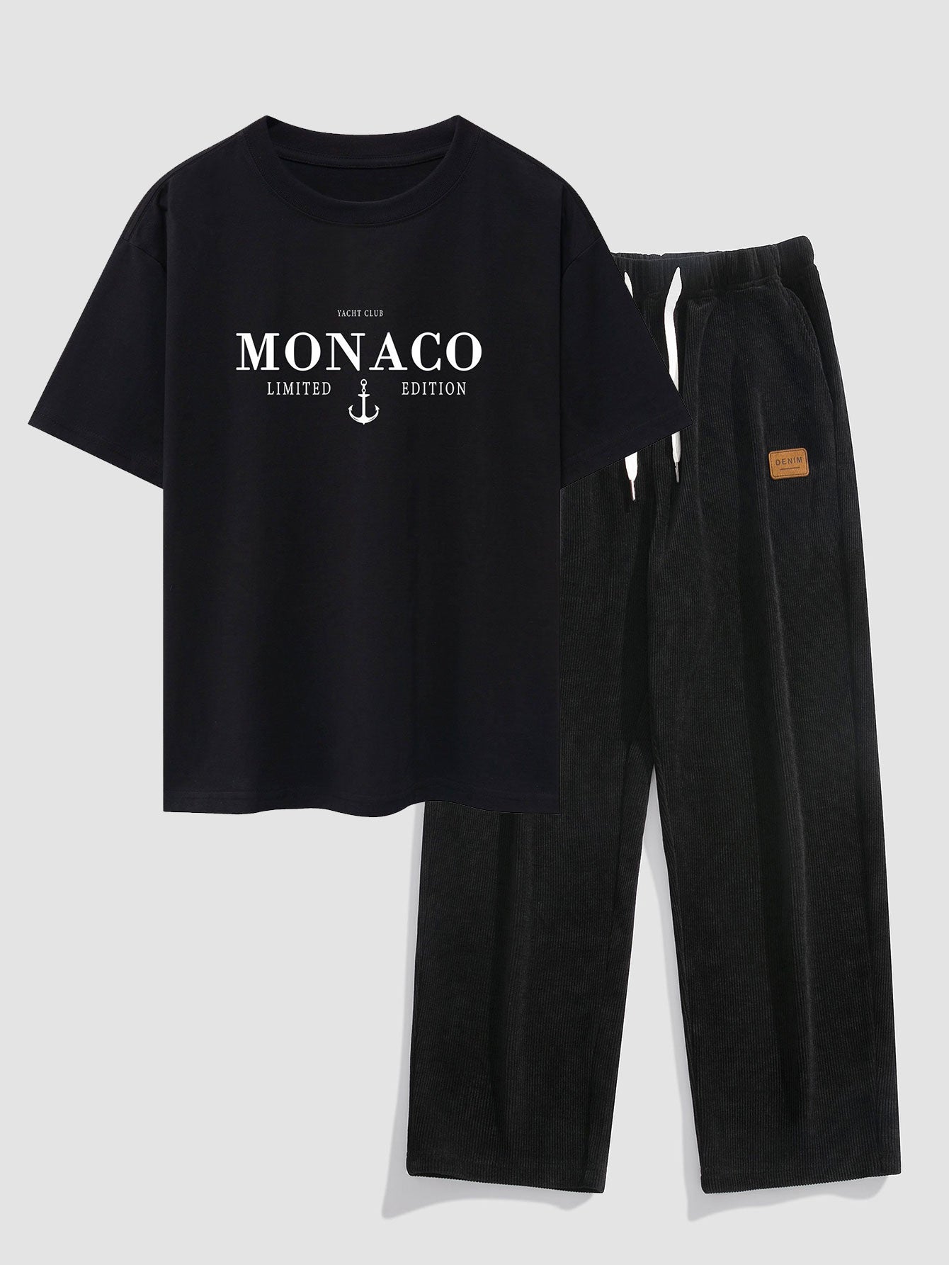 Nicandro® | Monaco Slogan Print Drop Shoulder Oversize T-Shirt & Straight Leg Corduroy Pants