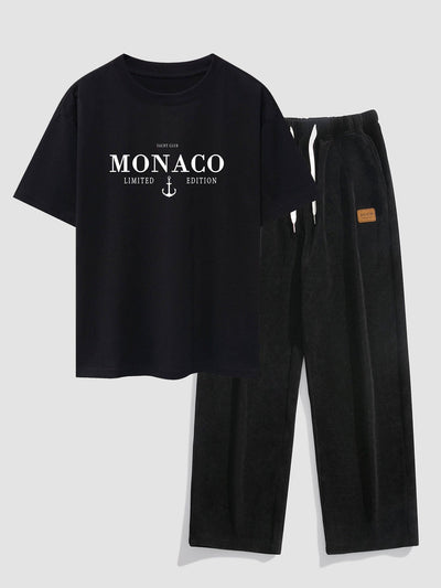 Nicandro® | Monaco Slogan Print Drop Shoulder Oversize T-Shirt & Straight Leg Corduroy Pants