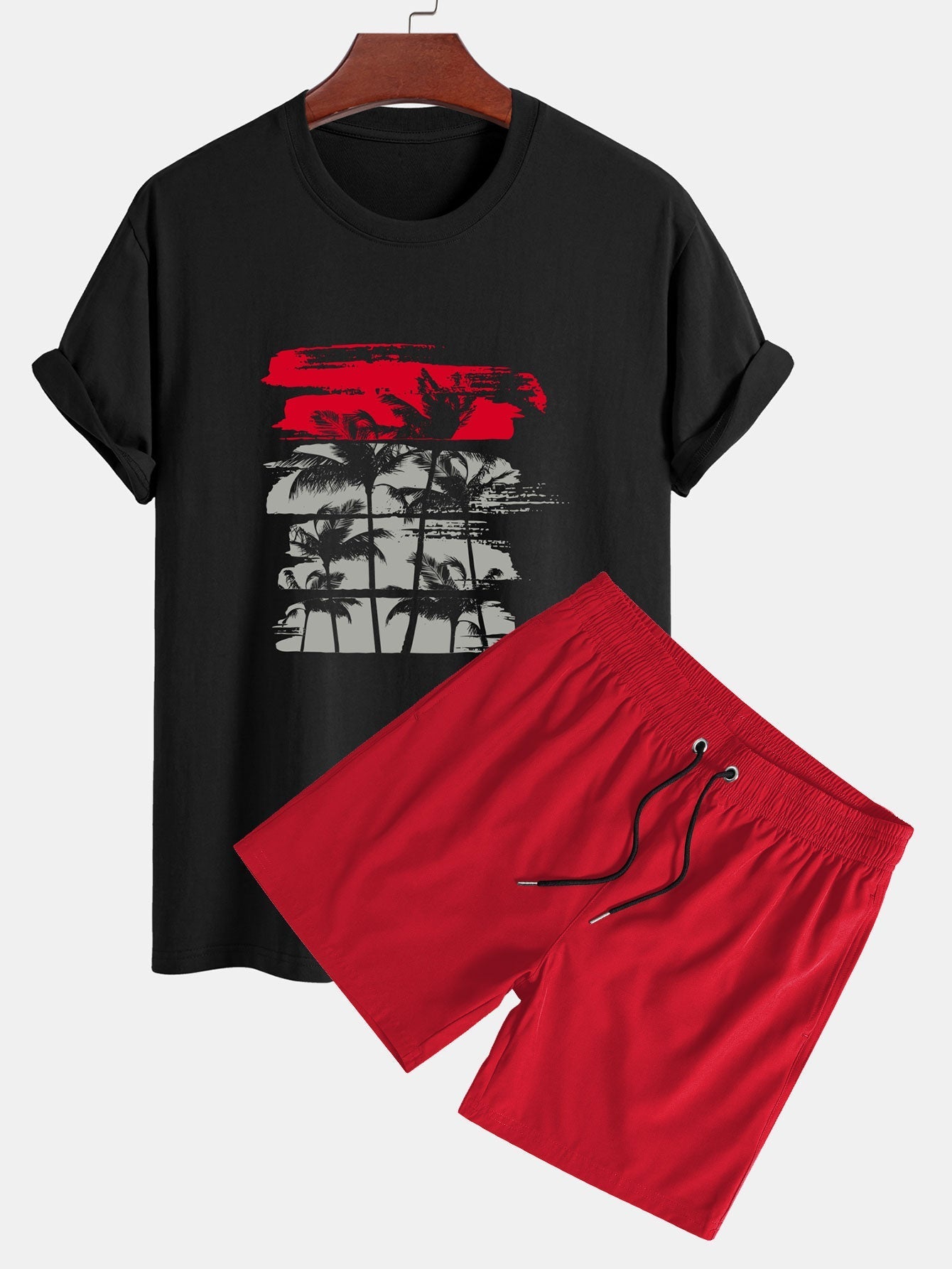 David® | Palm Tree Silhouette Print Cotton T-Shirt & Solid Drawstring Swim Shorts