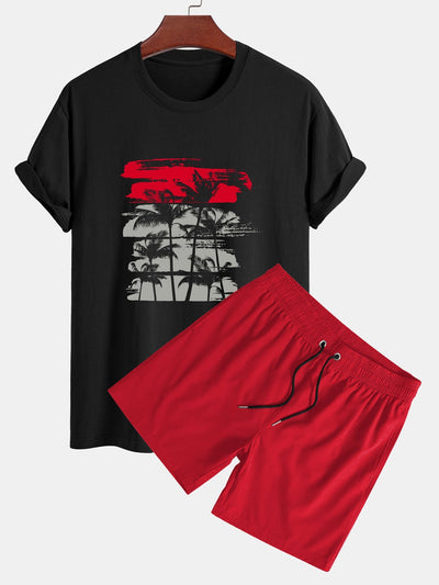 David® | Palm Tree Silhouette Print Cotton T-Shirt & Solid Drawstring Swim Shorts
