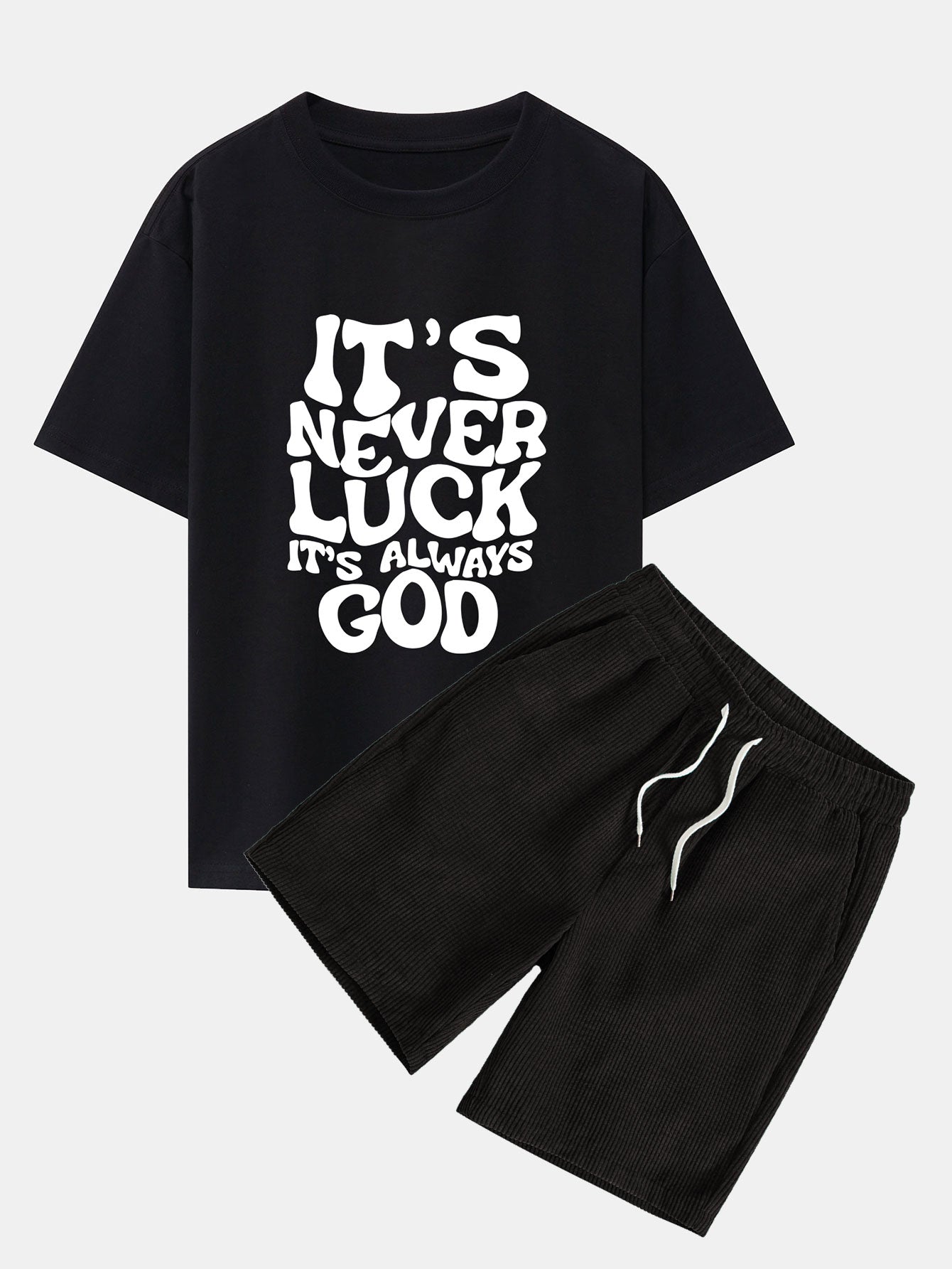 Cristóbal® | God Slogan Print Drop Shoulder Oversize T-Shirt & Drawstring Corduroy Shorts