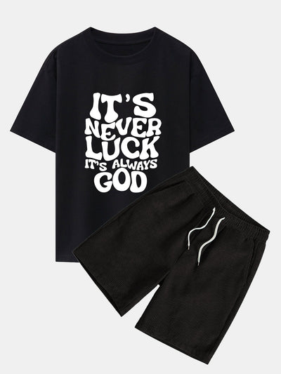 Cristóbal® | God Slogan Print Drop Shoulder Oversize T-Shirt & Drawstring Corduroy Shorts