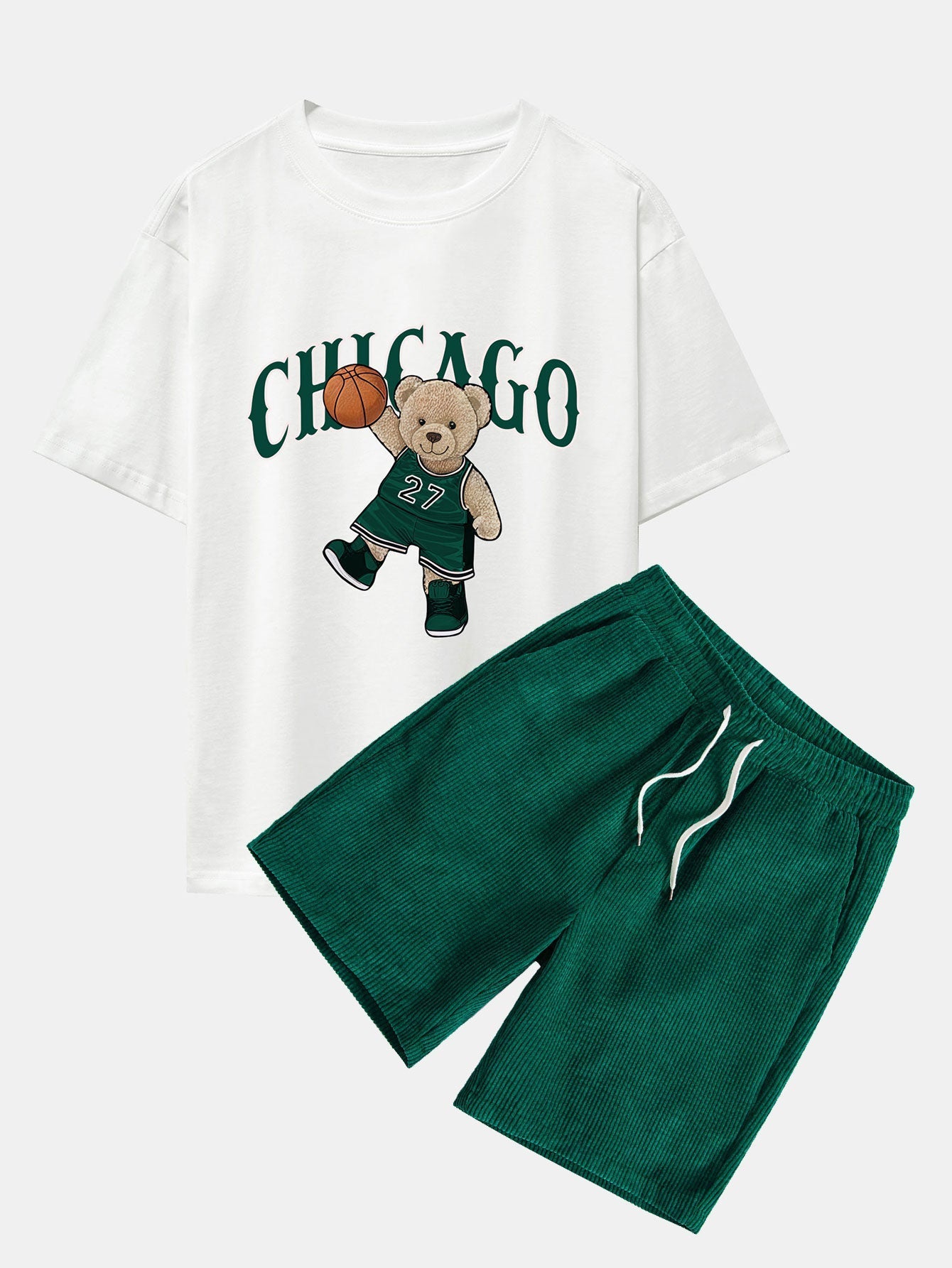 Erasto® | Chicago Basketball Bear Print Drop Shoulder Oversize T-Shirt & Drawstring Corduroy Shorts