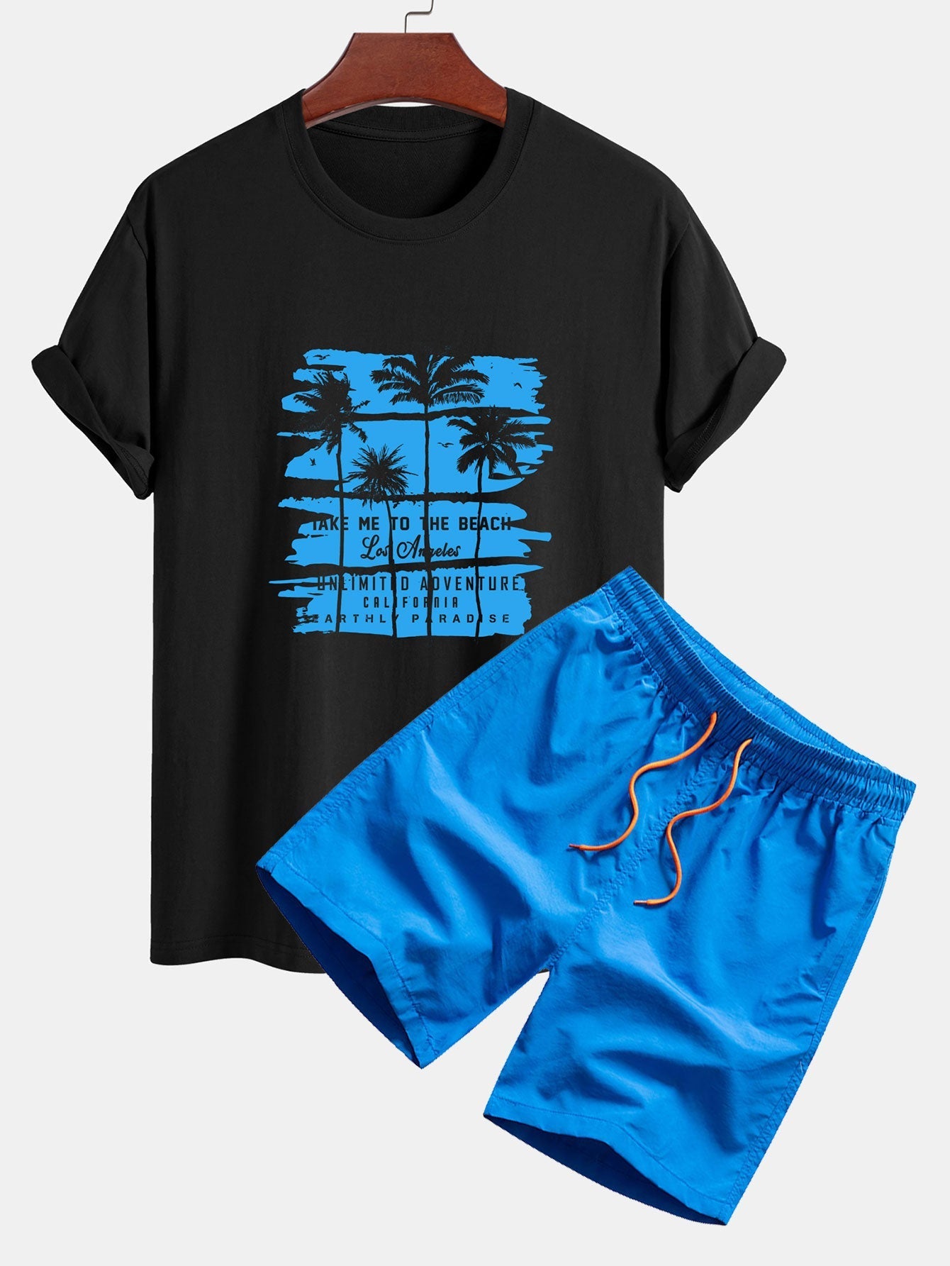 Custodio® | Palm Tree Silhouette Print Cotton T-Shirt & Man Mid Length Drawstring Swim Shorts