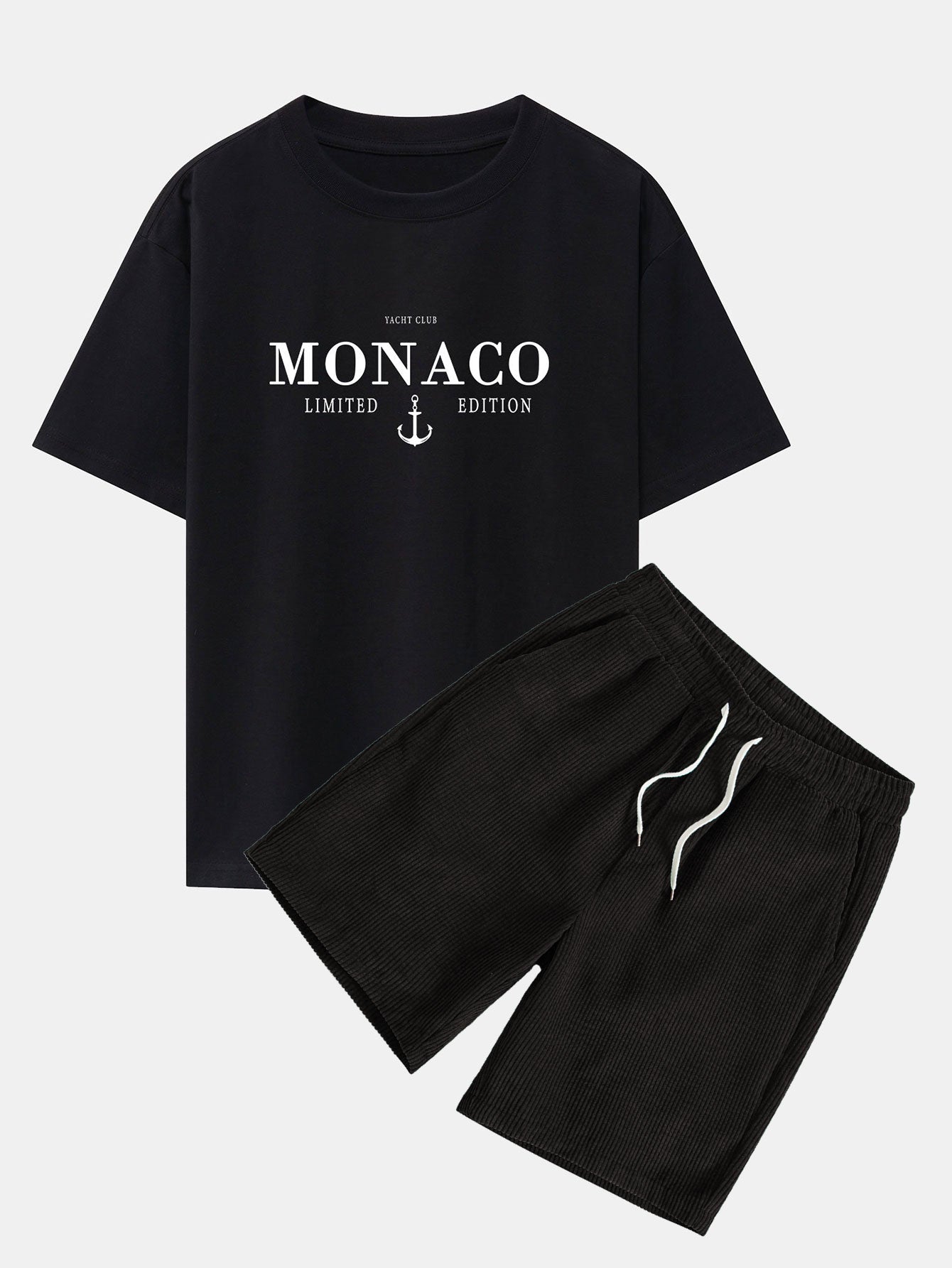 Cosme® | Monaco Slogan Print Drop Shoulder Oversize T-Shirt & Drawstring Corduroy Shorts