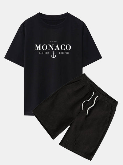 Cosme® | Monaco Slogan Print Drop Shoulder Oversize T-Shirt & Drawstring Corduroy Shorts