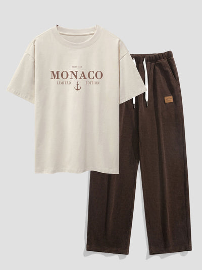 Nicandro® | Monaco Slogan Print Drop Shoulder Oversize T-Shirt & Straight Leg Corduroy Pants