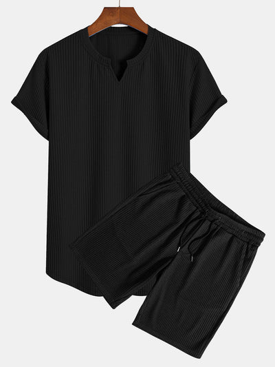 Fabricio® | Muscle Fit Notch Ribbed Arc Hem T-Shirt & Drawstring Ribbed Shorts