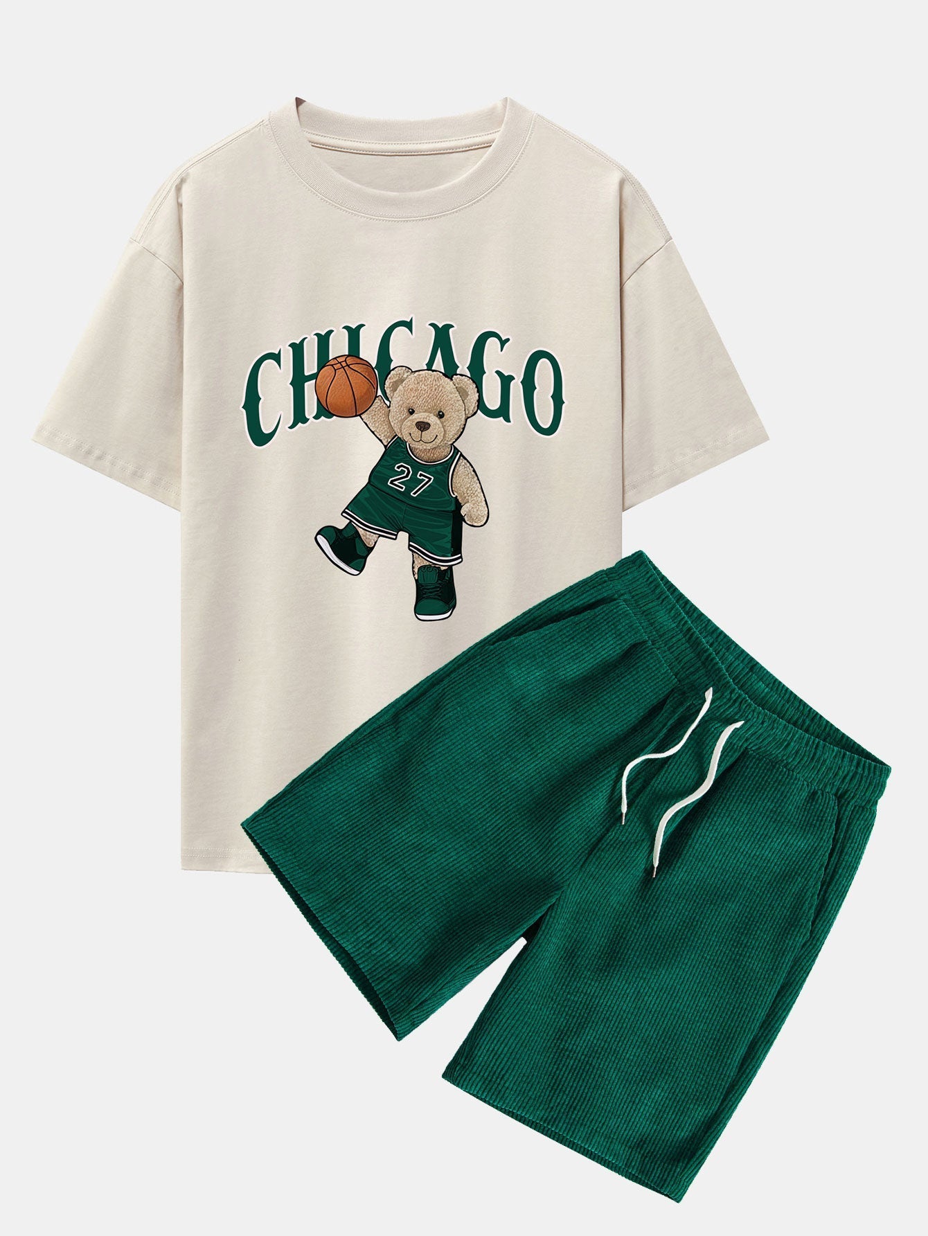 Erasto® | Chicago Basketball Bear Print Drop Shoulder Oversize T-Shirt & Drawstring Corduroy Shorts