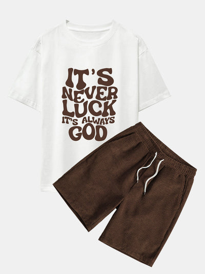 Cristóbal® | God Slogan Print Drop Shoulder Oversize T-Shirt & Drawstring Corduroy Shorts