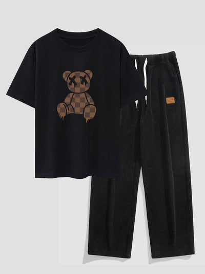 Nestor® | Checkerboard Dissolving Bear Drop Shoulder Oversize T-Shirt & Straight Leg Corduroy Pants