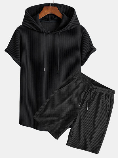 Adalton® | Knitted Waffle Arc Hem Hooded T-Shirt & Drawstring Waffle Shorts