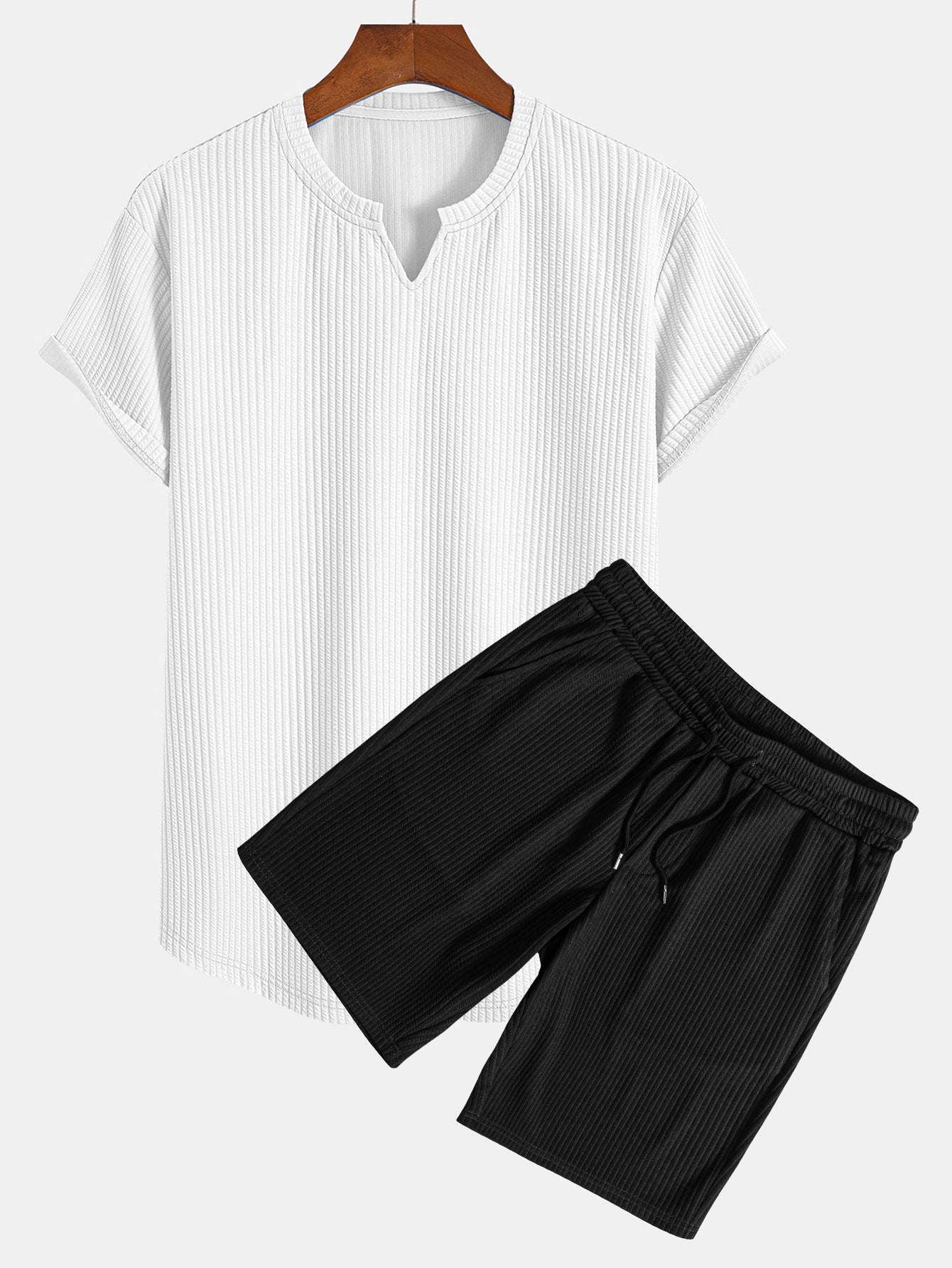 Fabricio® | Muscle Fit Notch Ribbed Arc Hem T-Shirt & Drawstring Ribbed Shorts