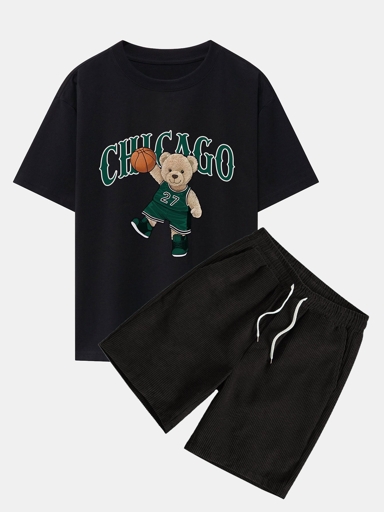 Erasto® | Chicago Basketball Bear Print Drop Shoulder Oversize T-Shirt & Drawstring Corduroy Shorts