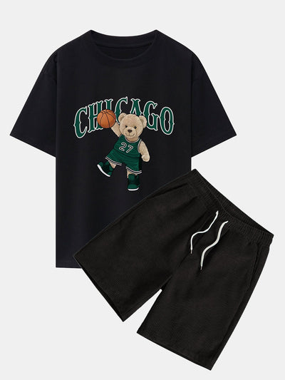 Erasto® | Chicago Basketball Bear Print Drop Shoulder Oversize T-Shirt & Drawstring Corduroy Shorts