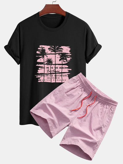 Custodio® | Palm Tree Silhouette Print Cotton T-Shirt & Man Mid Length Drawstring Swim Shorts