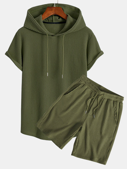Adalton® | Knitted Waffle Arc Hem Hooded T-Shirt & Drawstring Waffle Shorts