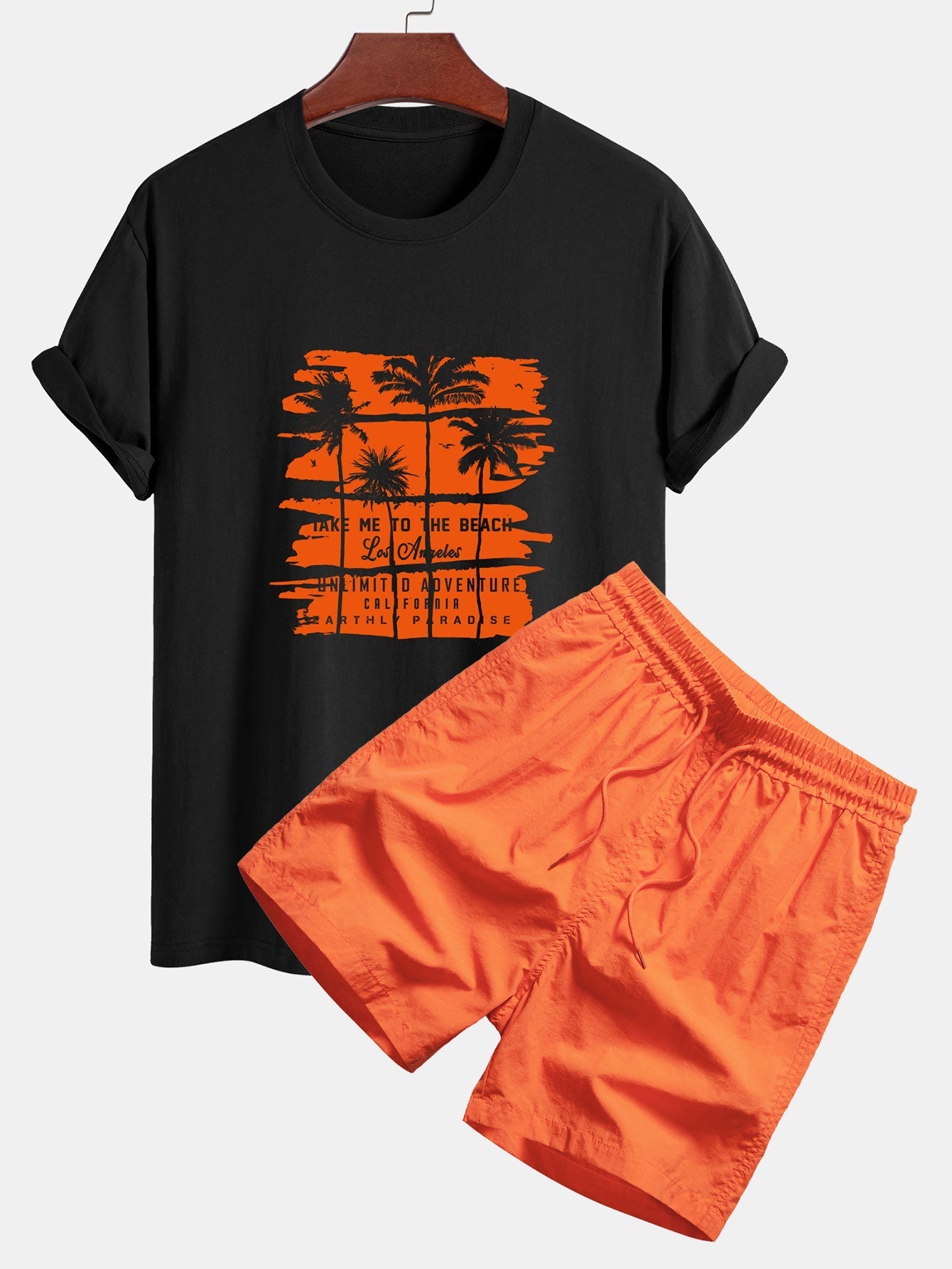 Custodio® | Palm Tree Silhouette Print Cotton T-Shirt & Man Mid Length Drawstring Swim Shorts