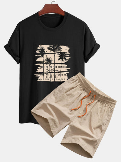 Custodio® | Palm Tree Silhouette Print Cotton T-Shirt & Man Mid Length Drawstring Swim Shorts