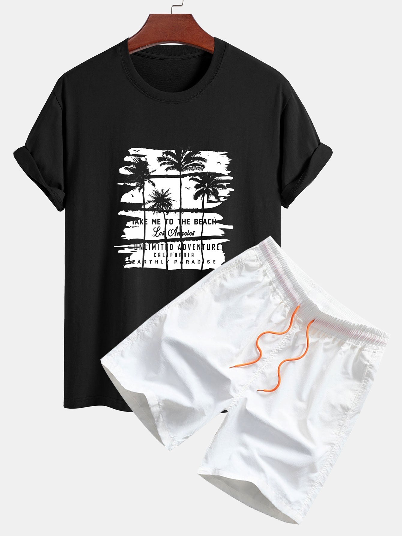 Custodio® | Palm Tree Silhouette Print Cotton T-Shirt & Man Mid Length Drawstring Swim Shorts