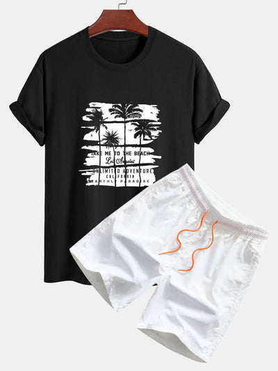 Custodio® | Palm Tree Silhouette Print Cotton T-Shirt & Man Mid Length Drawstring Swim Shorts