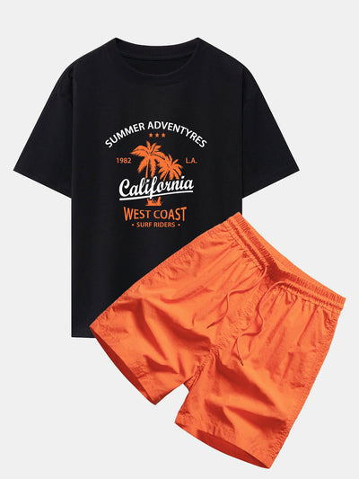 Harry® | California Palm Tree Print Drop Shoulder Oversize T-Shirt & Man Mid Length Drawstring Swim Shorts