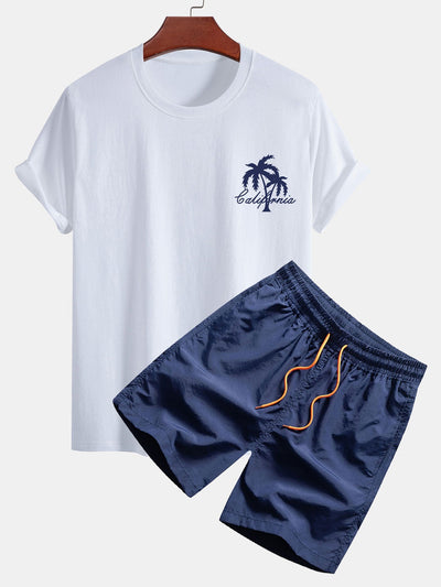 Carmelo® | California Palm Tree Print Cotton T-Shirt & Swim Shorts
