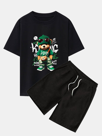 Epifanio® | Graffiti Bear Print Drop Shoulder Oversize T-Shirt & Drawstring Corduroy Shorts