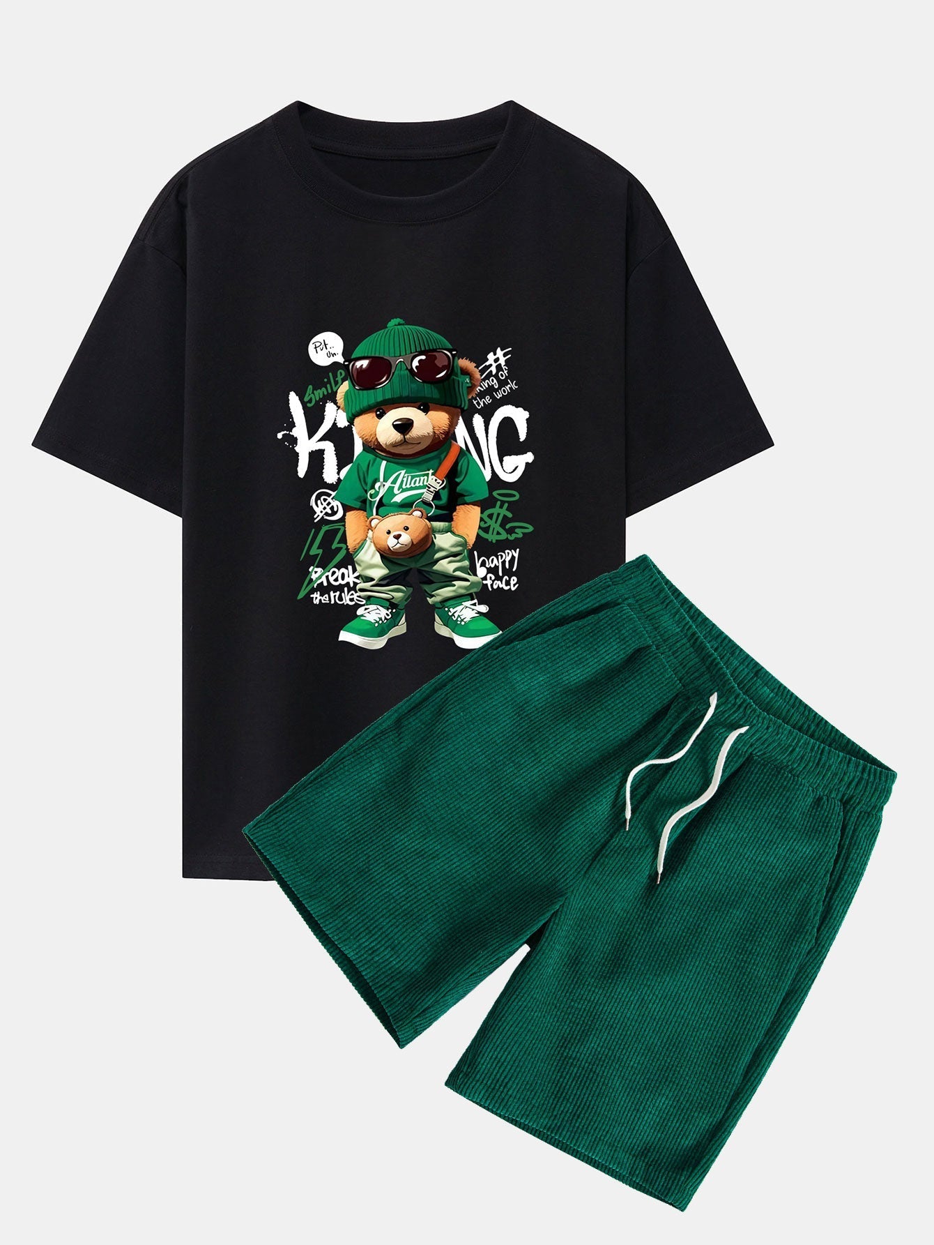 Epifanio® | Graffiti Bear Print Drop Shoulder Oversize T-Shirt & Drawstring Corduroy Shorts