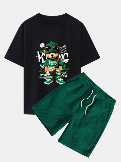 Epifanio® | Graffiti Bear Print Drop Shoulder Oversize T-Shirt & Drawstring Corduroy Shorts