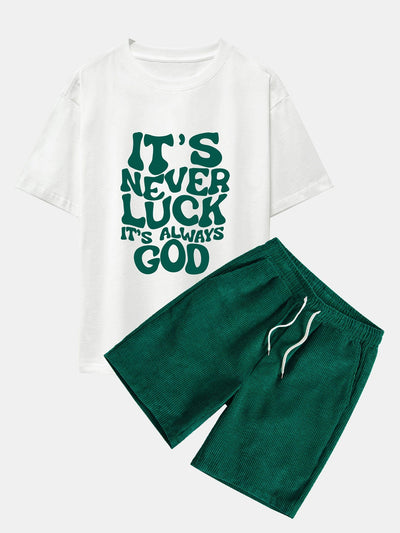 Cruz® | God Slogan Print Drop Shoulder Oversize T-Shirt & Drawstring Corduroy Shorts