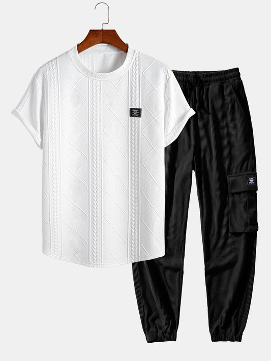 Andrés® | Short Sleeve Geometric Jacquard Arc Hem T-Shirt & Drawstring Corduroy Cargo Jogger Pants