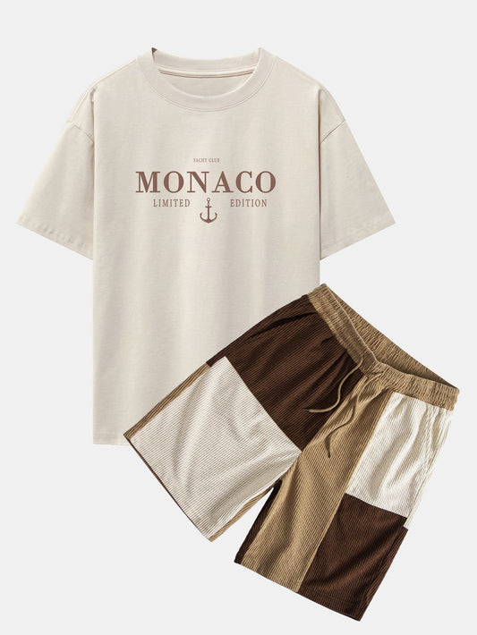Cornelio® | Monaco Slogan Print Drop Shoulder Oversize T-Shirt & Colorblock Corduroy Shorts