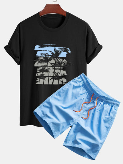 Damián® | Palm Tree Silhouette Print Cotton T-Shirt & Swim Shorts