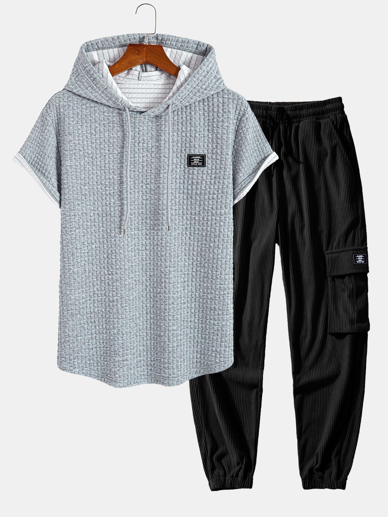 Afif® | Waffle Hooded Arc Hem T-Shirt & Drawstring Corduroy Cargo Jogger Pants