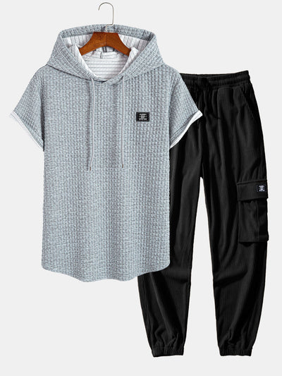 Afif® | Waffle Hooded Arc Hem T-Shirt & Drawstring Corduroy Cargo Jogger Pants