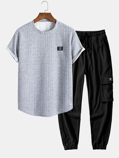 Andrés® | Short Sleeve Geometric Jacquard Arc Hem T-Shirt & Drawstring Corduroy Cargo Jogger Pants