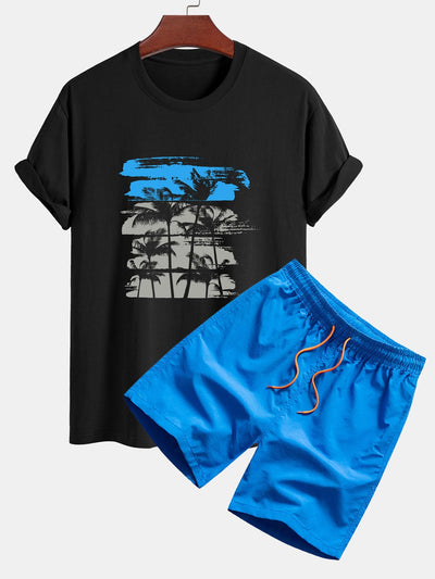 Damián® | Palm Tree Silhouette Print Cotton T-Shirt & Swim Shorts