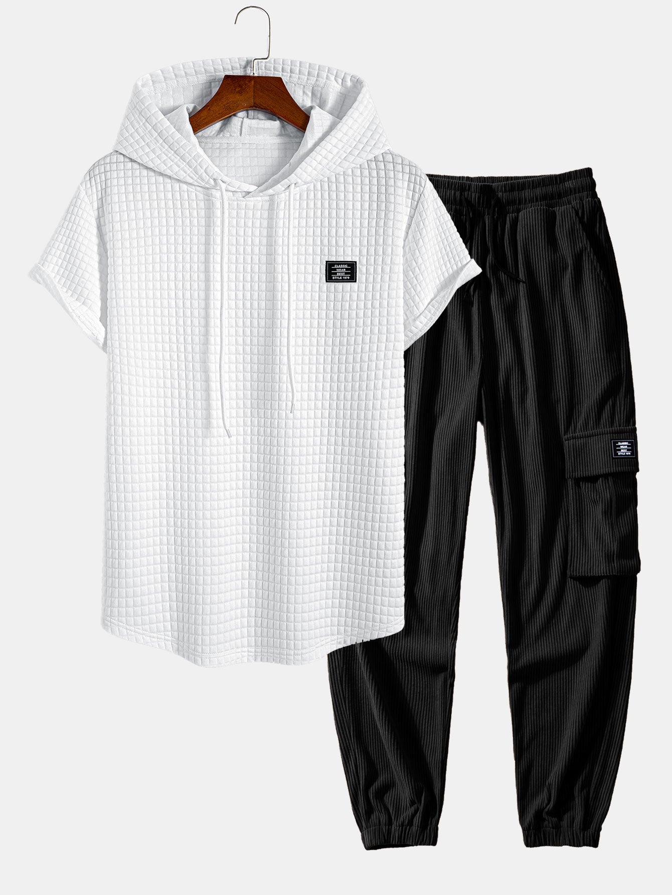 Afif® | Waffle Hooded Arc Hem T-Shirt & Drawstring Corduroy Cargo Jogger Pants