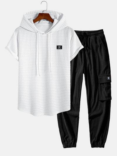 Afif® | Waffle Hooded Arc Hem T-Shirt & Drawstring Corduroy Cargo Jogger Pants