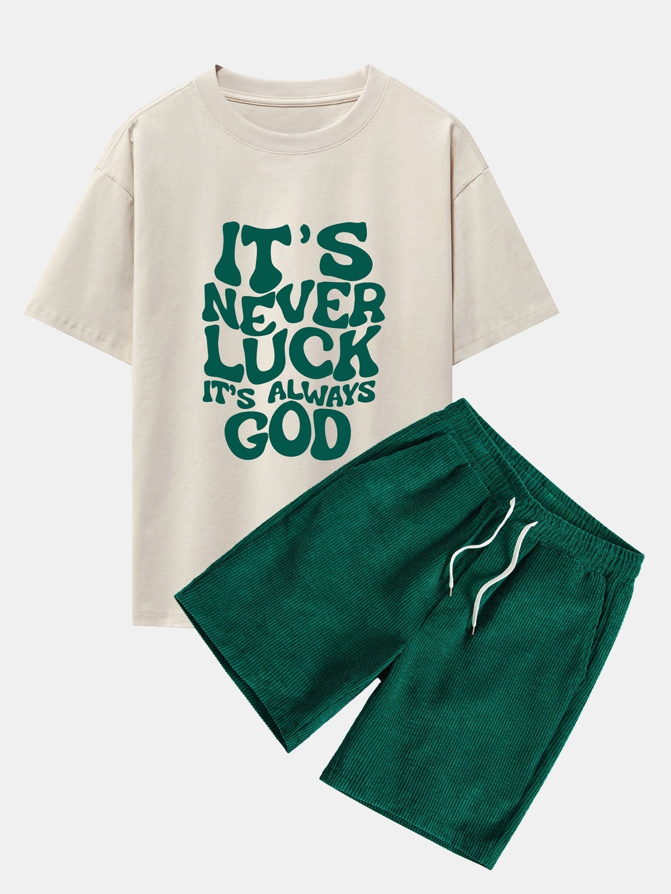 Cruz® | God Slogan Print Drop Shoulder Oversize T-Shirt & Drawstring Corduroy Shorts